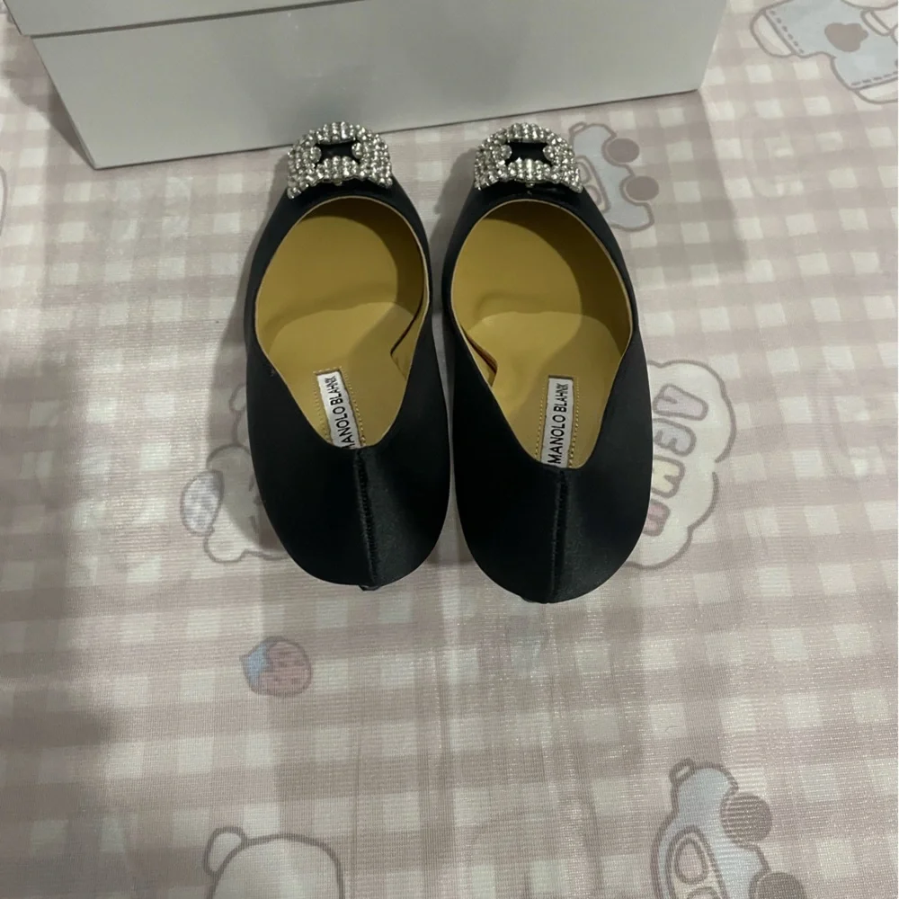 Manolo Blahnik Black Satin Pointed Pumps with Crystal Buckles